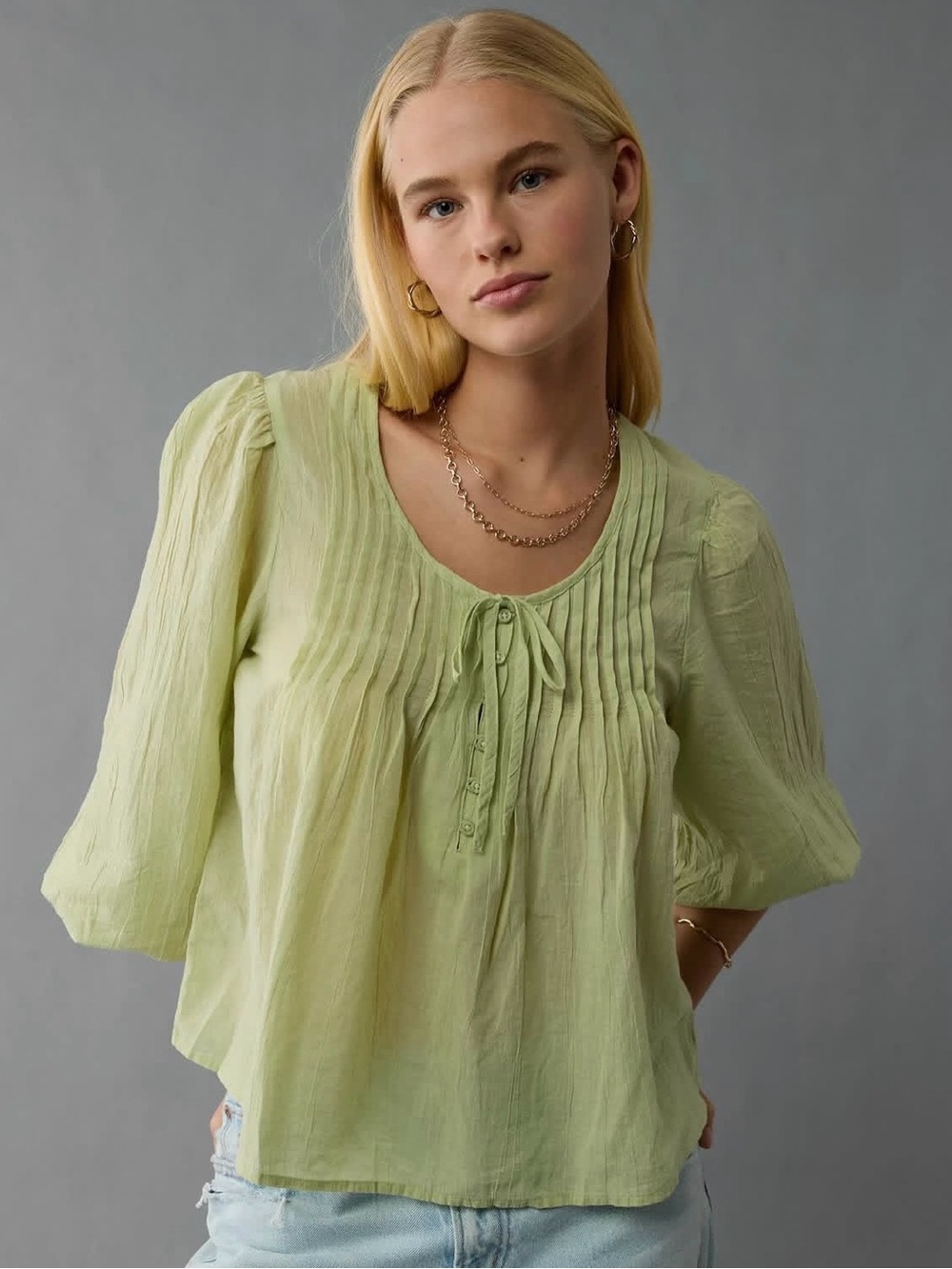 EUC American Eagle Light Green Tie-Front Long Sleeve Breezy Boho Cotton Blouse